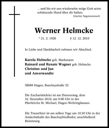 Traueranzeige von Werner Helmcke von Tageszeitung