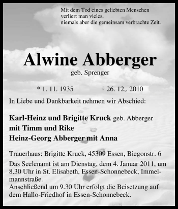 Traueranzeige von Alwine Abberger von Tageszeitung