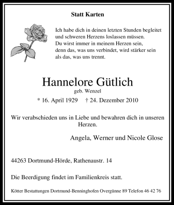 Traueranzeige von Hannelore Gütlich von Tageszeitung