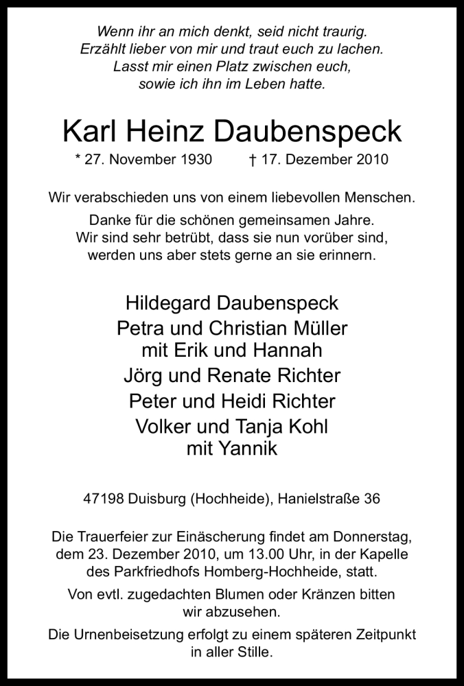  Traueranzeige für Karl Heinz Daubenspeck vom 20.12.2010 aus Tageszeitung