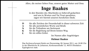 Traueranzeige von Inge Baakes von Tageszeitung