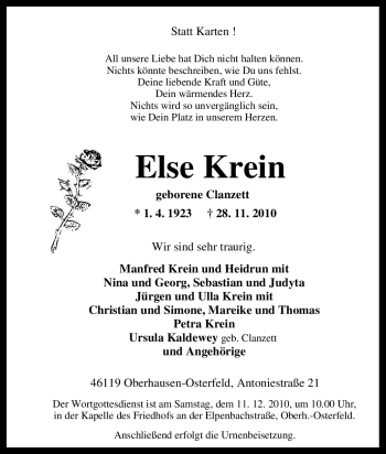 Traueranzeige von Else Krein von Tageszeitung