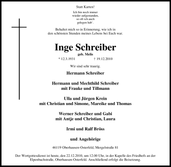Traueranzeige von Inge Schreiber von Tageszeitung