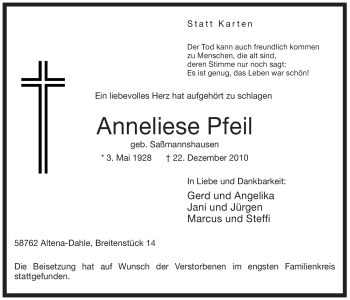 Traueranzeige von Anneliese Pfeil von Tageszeitung