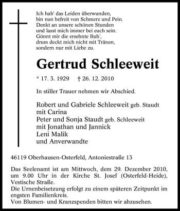 Traueranzeige von Gertrud Schleeweit von Tageszeitung