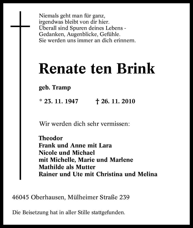  Traueranzeige für Renate ten Brink vom 02.12.2010 aus Tageszeitung