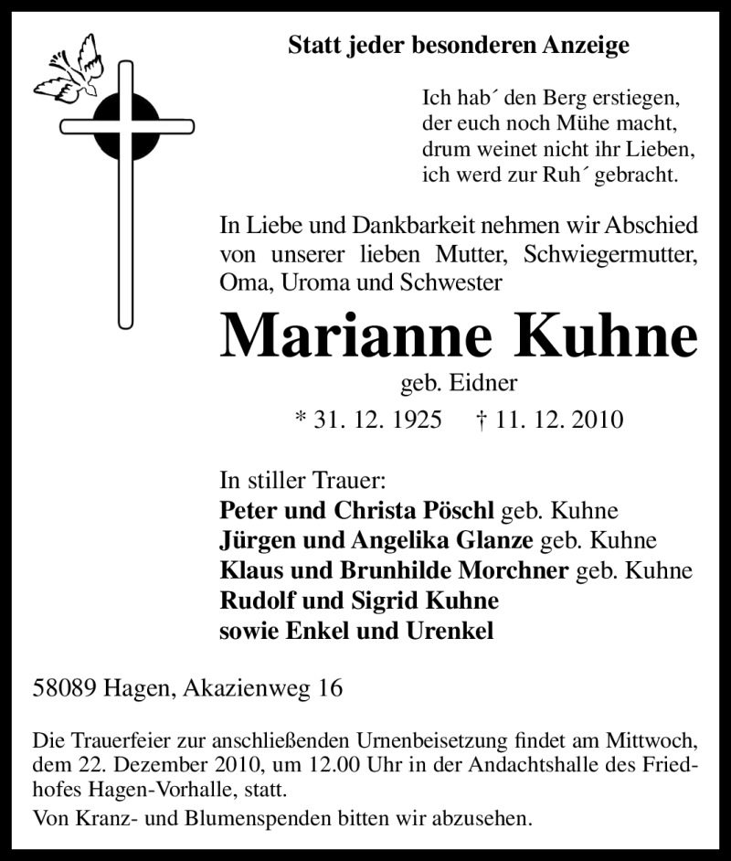  Traueranzeige für Marianne Kuhne vom 18.12.2010 aus Tageszeitung