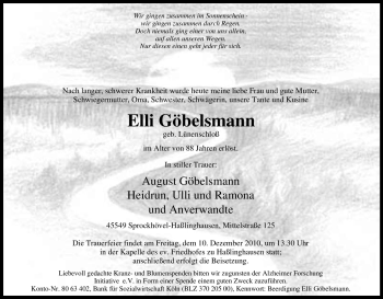 Traueranzeige von Elli Göbelsmann von Tageszeitung
