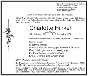 Traueranzeige von Charlotte Hinkel von Tageszeitung