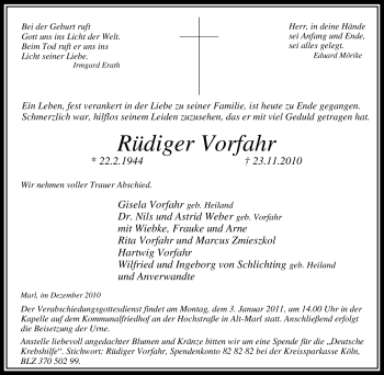 Traueranzeige von Rüdiger Vorfahr von Tageszeitung