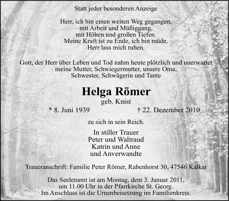 Traueranzeige für Helga Römer vom 29.12.2010 aus Tageszeitung