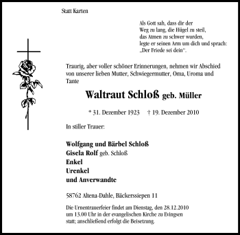 Traueranzeige von Waltraut Schloß von Tageszeitung