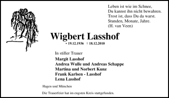 Traueranzeige von Wigbert Lasshof von Tageszeitung