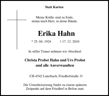 Traueranzeige von Erika Hahn von Tageszeitung