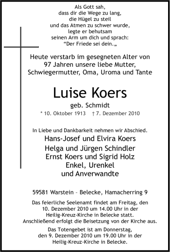 Traueranzeige von Luise Koers von Tageszeitung