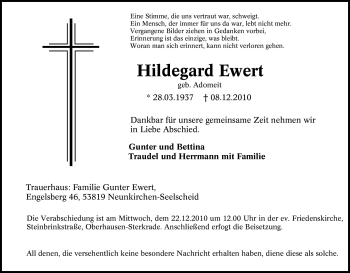 Traueranzeige von Hildegard Ewert von Tageszeitung