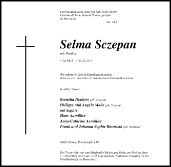Traueranzeige von Selma Sczepan von Tageszeitung
