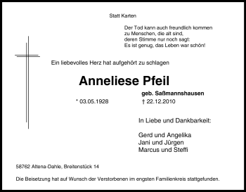 Traueranzeige von Anneliese Pfeil von Tageszeitung