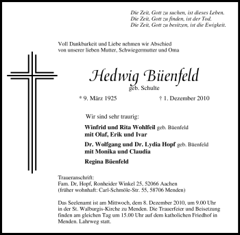 Traueranzeige von Hedwig Büenfeld von Tageszeitung