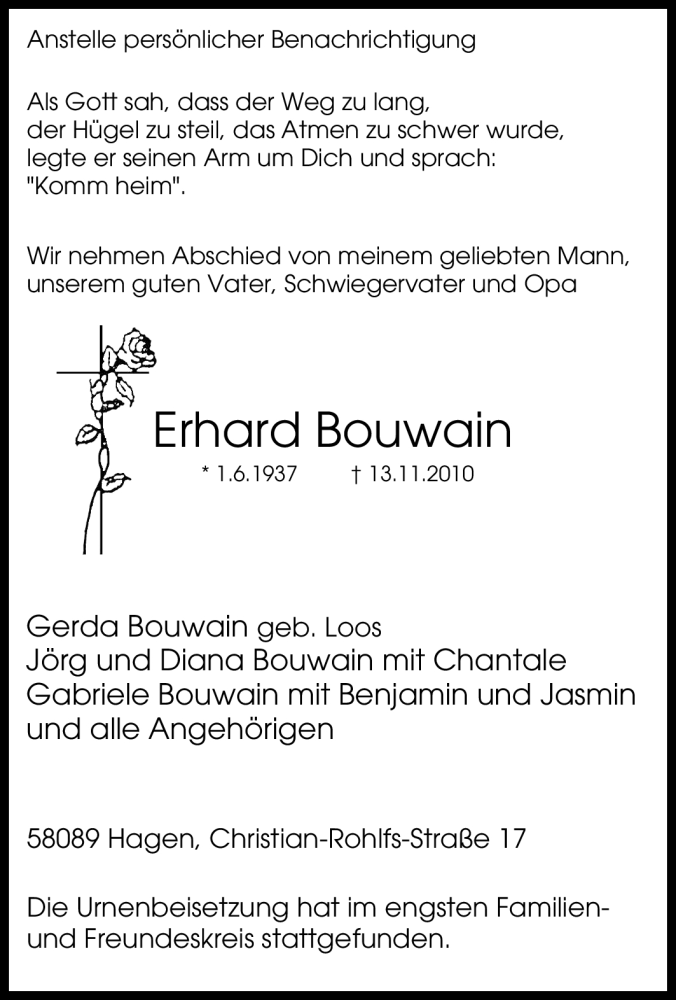  Traueranzeige für Erhard Bouwain vom 18.12.2010 aus Tageszeitung