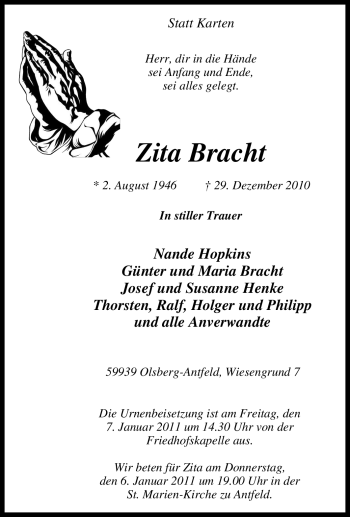 Traueranzeige von Zita Bracht von Tageszeitung
