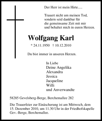Traueranzeige von Wolfgang Karl von Tageszeitung