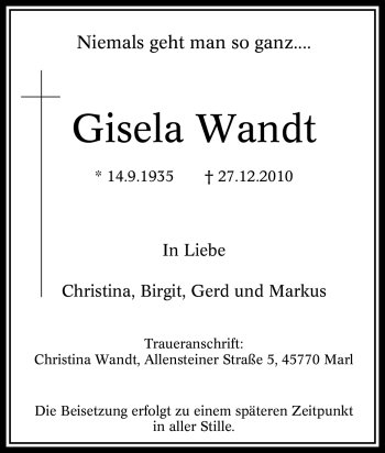 Traueranzeige von Gisela Wandt von Tageszeitung