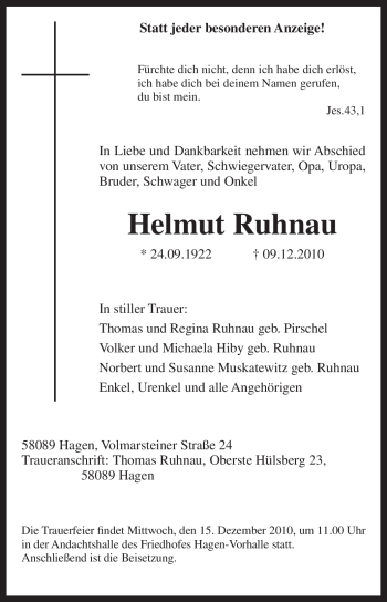 Traueranzeige von Helmut Ruhnau von Tageszeitung