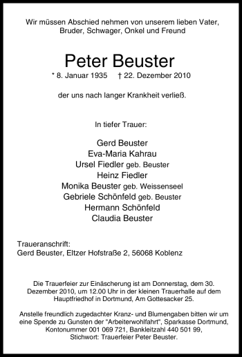 Traueranzeige von Peter Beuster von Tageszeitung