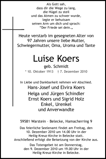 Traueranzeige von Luise Koers von Tageszeitung