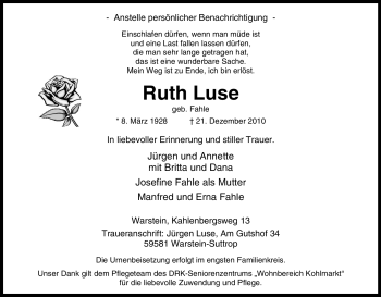 Traueranzeige von Ruth Luse von Tageszeitung