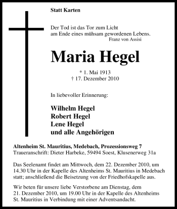Traueranzeige von Maria Hegel von Tageszeitung