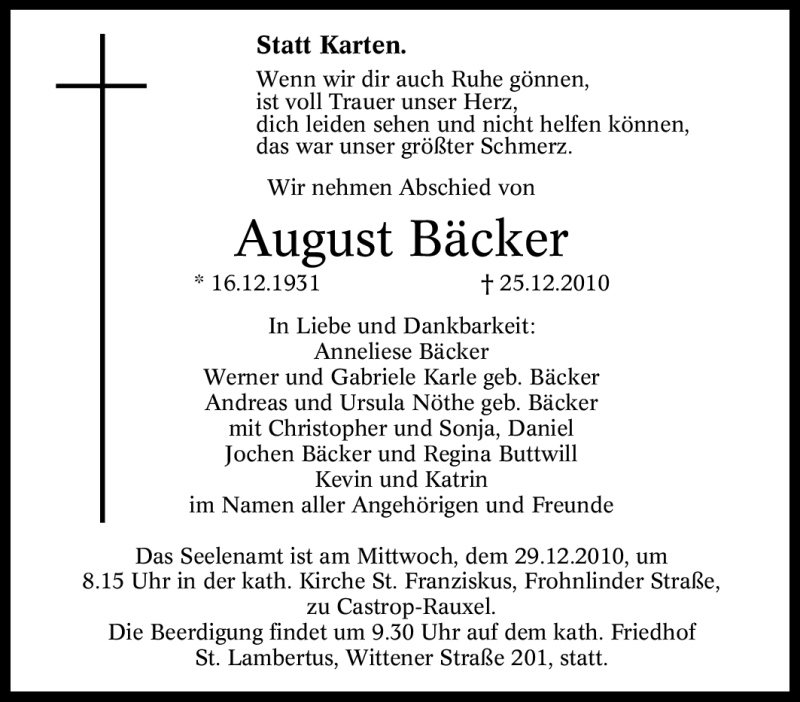  Traueranzeige für August Bäcker vom 28.12.2010 aus Tageszeitung