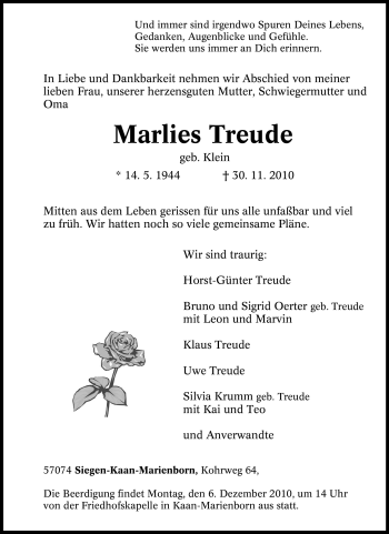 Traueranzeige von Marlies Treude von Tageszeitung