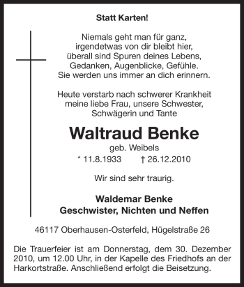 Traueranzeige von Waltraud Benke von Tageszeitung