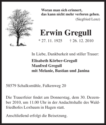 Traueranzeige von Erwin Gregull von Tageszeitung