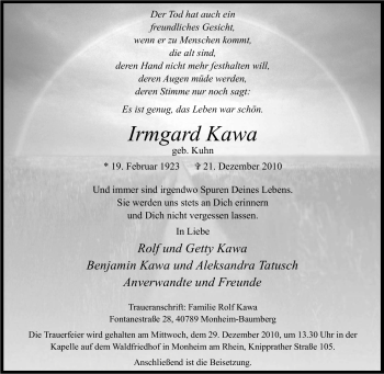 Traueranzeige von Irmgard Kawa von Tageszeitung