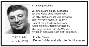 Traueranzeige von Jürgen Beer von Tageszeitung