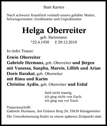 Traueranzeige von Helga Oberreiter von Tageszeitung