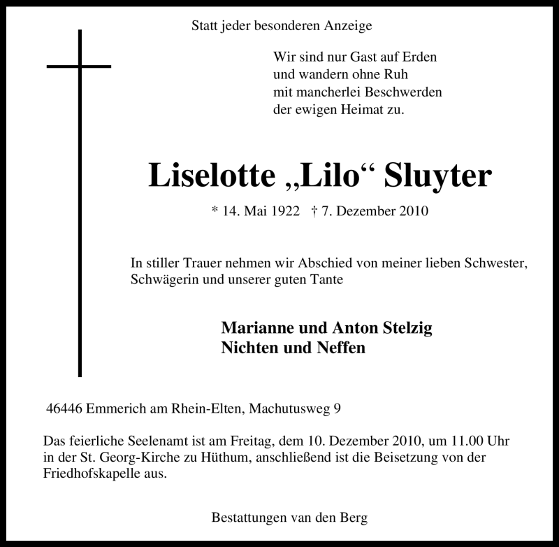  Traueranzeige für Liselotte Sluyter vom 08.12.2010 aus Tageszeitung