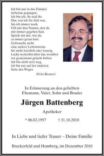 Traueranzeige von Jürgen Battenberg von Tageszeitung