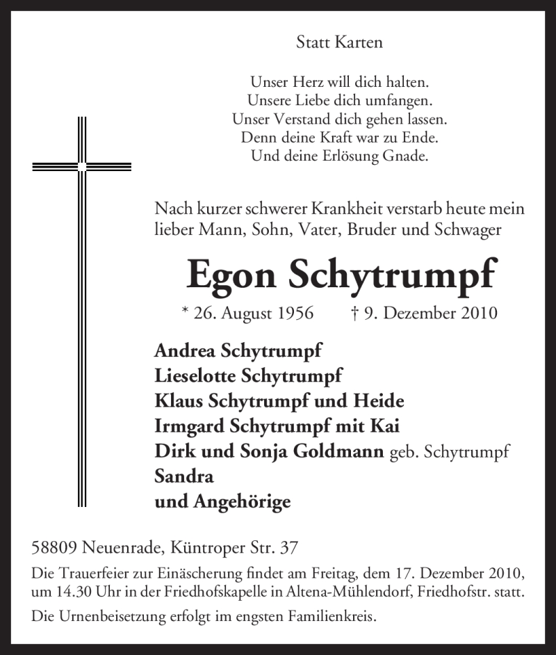  Traueranzeige für Egon Schytrumpf vom 11.12.2010 aus Tageszeitung