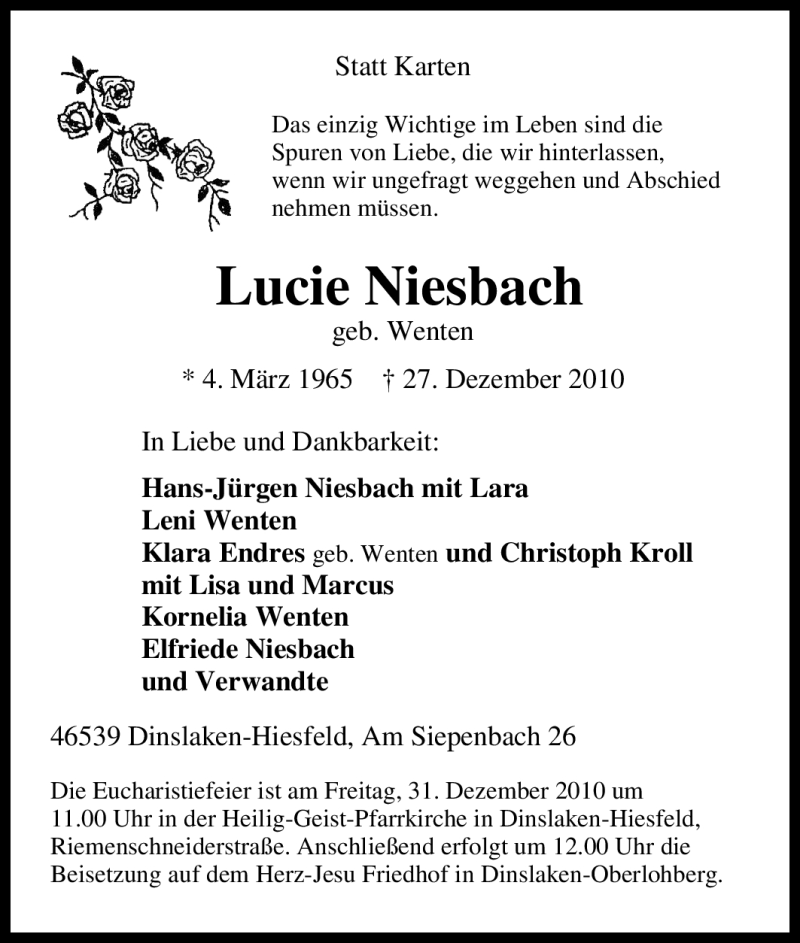  Traueranzeige für Lucie Niesbach vom 30.12.2010 aus Tageszeitung