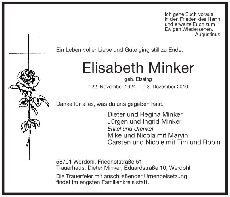  Traueranzeige für Elisabeth Minker vom 07.12.2010 aus Tageszeitung