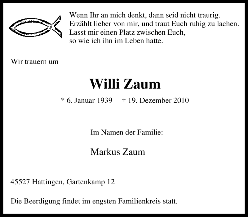  Traueranzeige für Willi Zaum vom 23.12.2010 aus Tageszeitung
