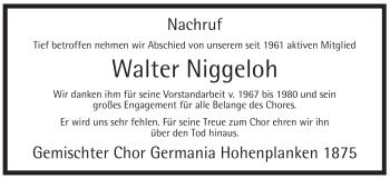 Traueranzeige von Walter Niggeloh von Tageszeitung