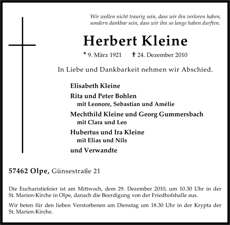  Traueranzeige für Herbert Kleine vom 27.12.2010 aus Tageszeitung