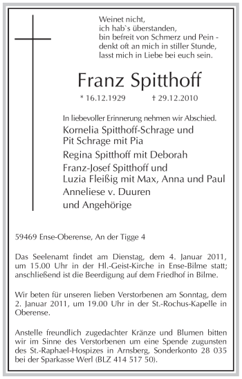 Traueranzeige von Franz Spitthoff von Tageszeitung