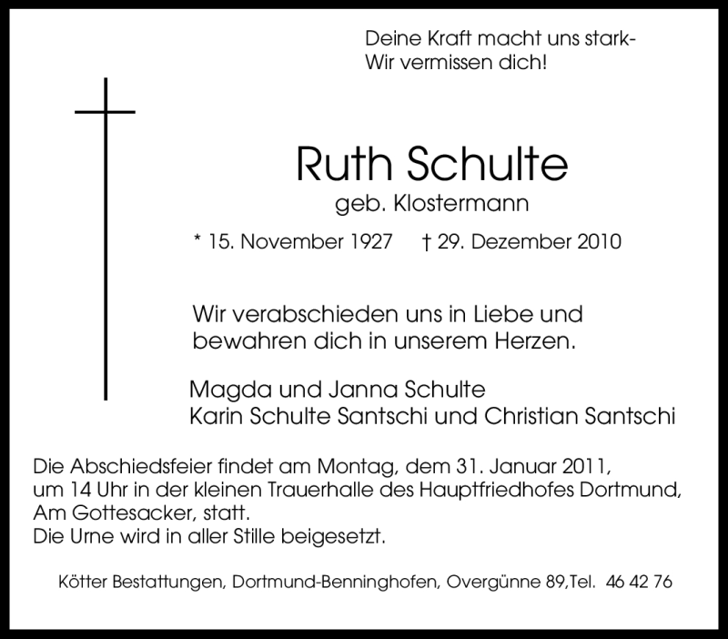  Traueranzeige für Ruth Schulte vom 31.12.2010 aus Tageszeitung
