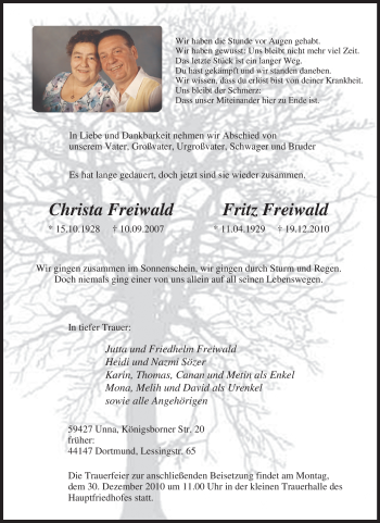 Traueranzeige von Christa Unbekannt von Tageszeitung